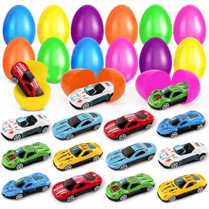 12 Pack Prefilled Easter Eggs with Die-Cast Racing Cars, Easter Basket Stuffers, Filled Easter Eggs with Toys for Kids, Egg Hunt, Party Favor Supplies,Easter Toys Gifts for Toddlers & Boys Girls