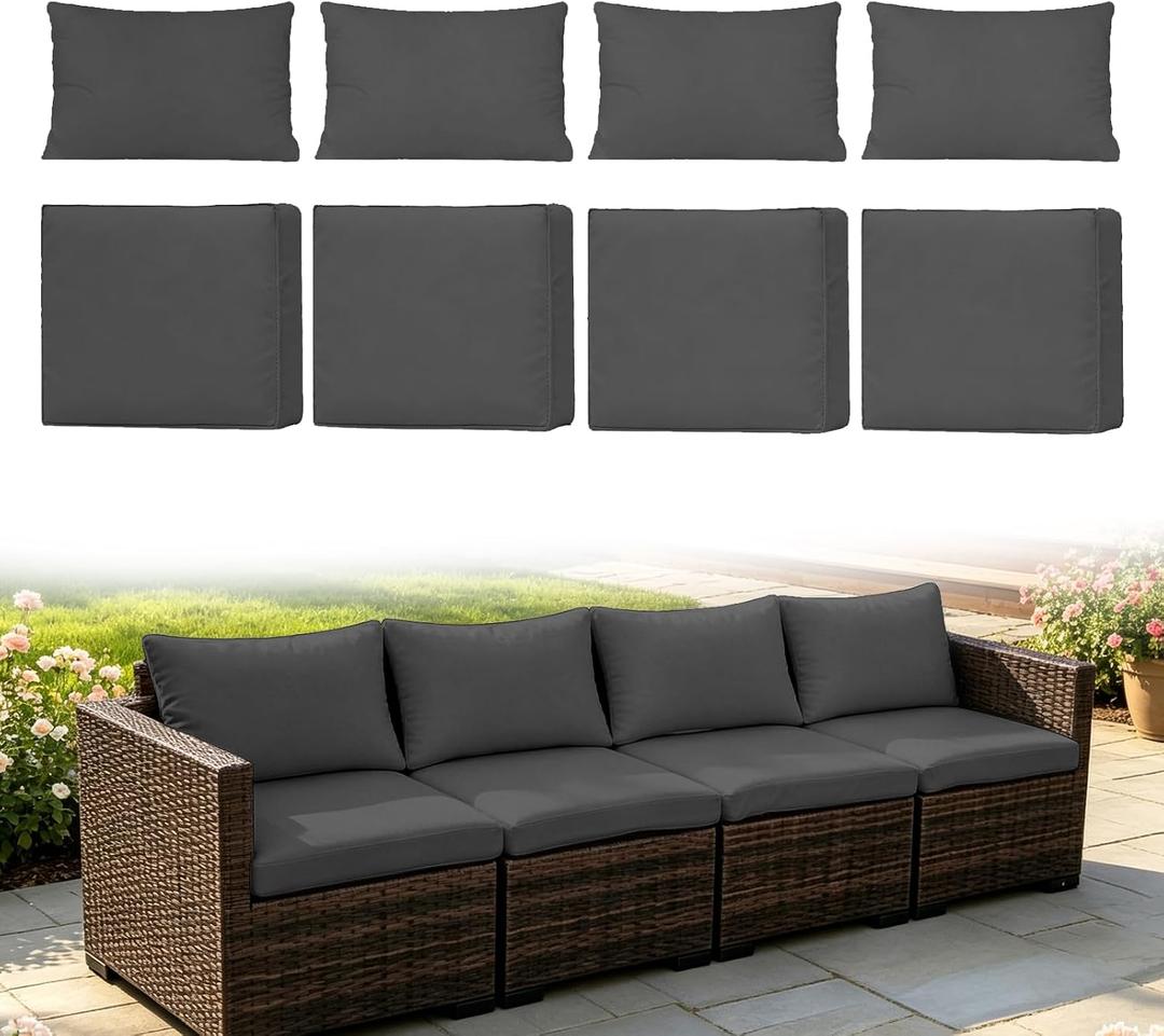 Loungewave 8Pcs Patio Cushion Covers, Outdoor Cushion Covers Set Replacement for Patio Furniture Sofa Couch, Soft Flexibility Washable Furniture Protector(Grey, Cover Only)