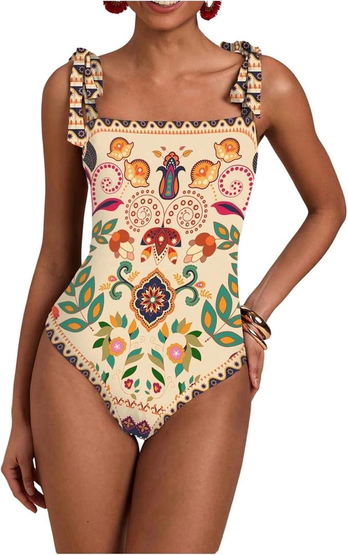 Floerns Women's Tropical Print Tie Shoulder One Piece Swimsuit Tummy Control Swimwear (Medium, Apricot)