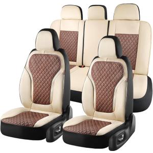 Coverado Car Seat Covers Full Set, Beige Brown Car Seat Covers, Luxury Diamond Leather Car Seat Cover with Carbon Fiber Weave, Spill-Proof Seat Cushions, Automotive Seat Cover Universal Fit Most Cars