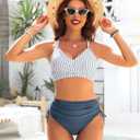 Blooming Jelly Womens High Waisted Bikini Sets Drawstring Tummy Control Swimsuits Crisscross Tie Back Bathing Suit (Blue, S)