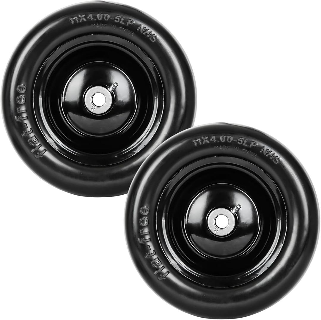 2 PCS 11x4.00-5" Flat Free Lawn Mower Tire on Wheel, 3/4" or 5/8" or 1/2" Bushing, 3.4"-4"-4.5-5" Centered Hub, Universal Fit Smooth Tread Tire for Zero Turn Lawn Mowers, with Universal Adapter Kit (Black)
