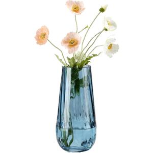 Modern Large Glass Vase H-9.8" Blue Vases for Flowers, Centerpieces and Decorative Accents - Tall Plant Vase for Office Home Table Decor