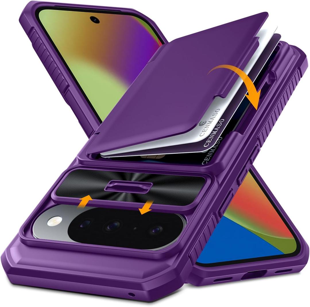 CENMASO for Google Pixel 10 Pro Case/Pixel 10 Case with Card HolderRFID Blocking& Sliding Camera Cover & Kickstand Full-Body Shockproof Wallet Phone Case for Pixel 10/10 Pro (Purple)
