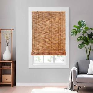 Bamboo Shades 3ft W x 5.2ft Blackout Roller Blinds for Porch Patio, Matchstick Bamboo Window Blind Cordless Roll Up Bamboo Curtain for Outside Mount