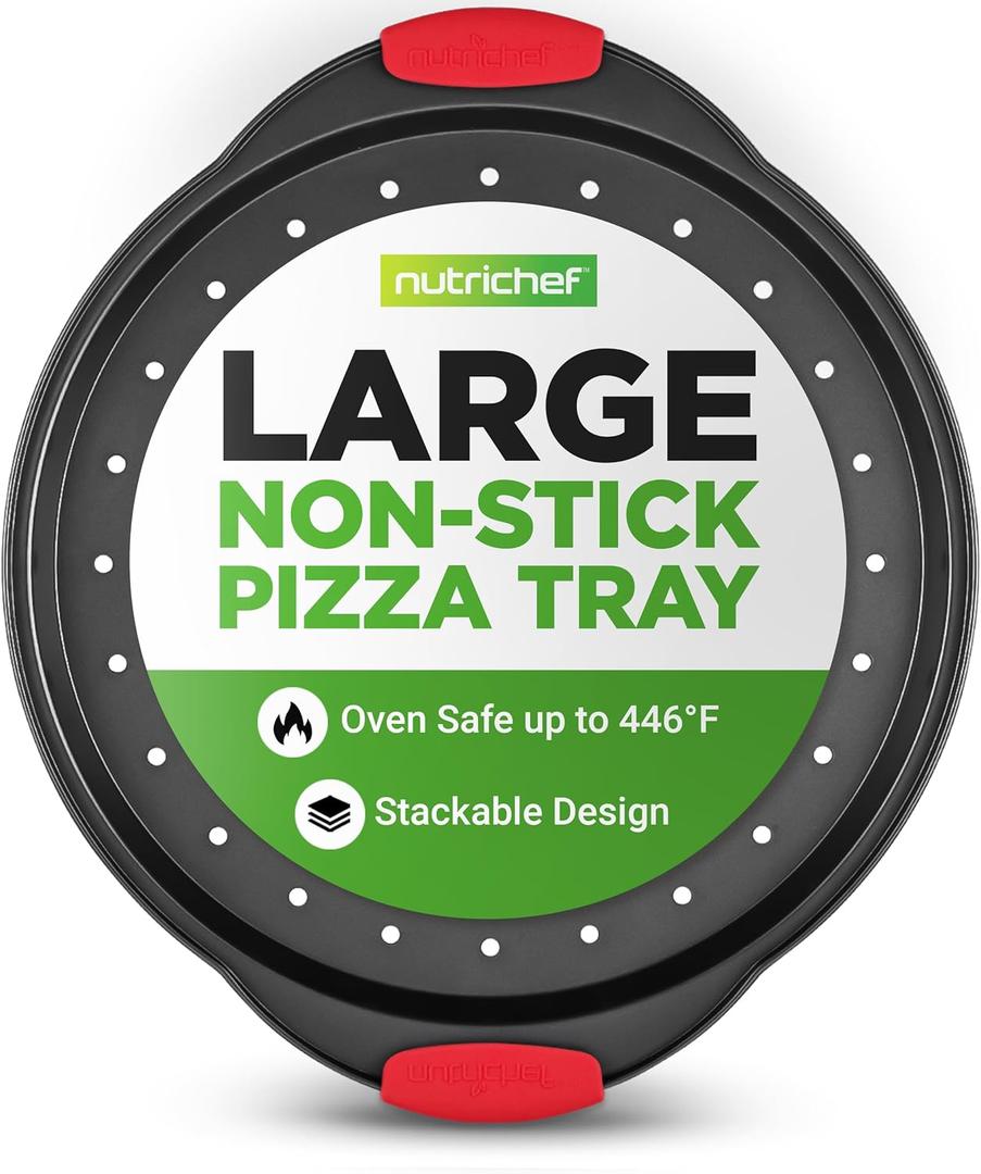 NutriChef 13-Inch Nonstick Pizza Tray - Round Carbon Steel Non-Stick Pizza Pan with Perforated Holes, Premium Bakeware Pizza Screen with Silicone Grip Handles, Dishwasher Safe - NCBPIZ1