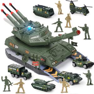 6-Piece Die-Cast Army Tank Set for Boys 3-6, with 8 Soldier Figures, Military Toys with Light & Sound, Launchable Missile Tanks (Green)
