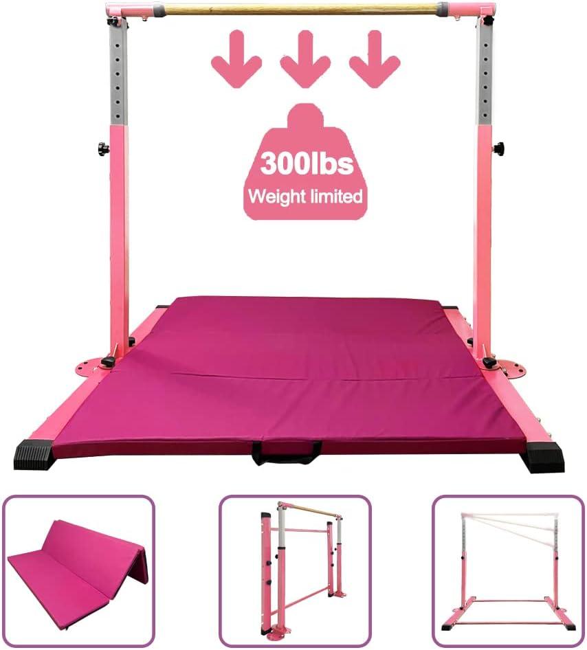 Gymnastics Kip Bar for Home Indoor Training,Horizontal Bar for Kids Girls Junior,Adjustable Arms from 3' - 5' Gym Equipment,1-4 Levels,300lbs Weight Capacity (LIGHTPINK)