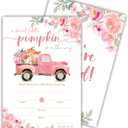 25 Set Double Print Baby Shower Invitation Cards(4"x6")-A Sweet Little Pumpkin Is On The Way Autumn Card-Floral Watercolor Pumpkin Truck Invitation Card With Envelope-Baby Gender Announcement-A02