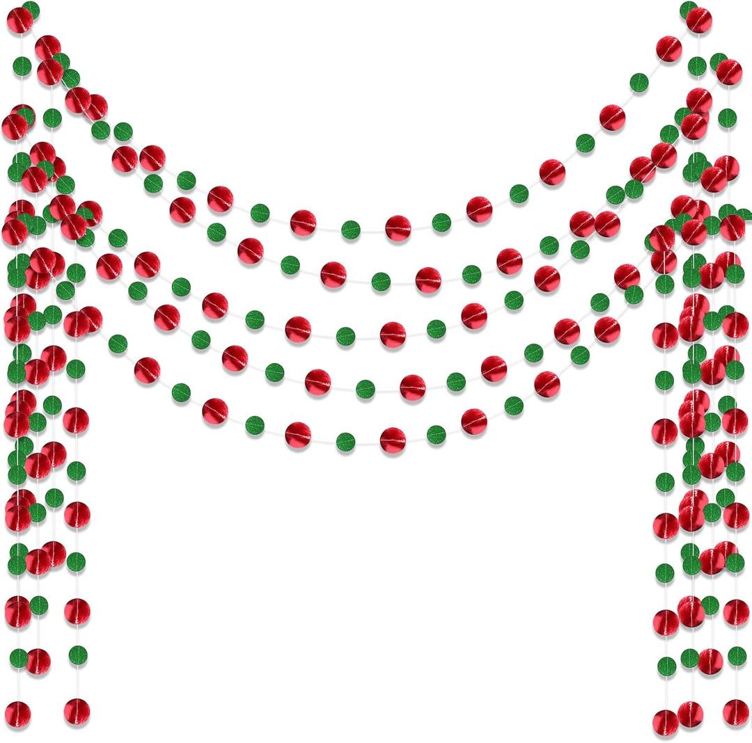 Outus 5 Pieces Round Dots Garland Valentine Easter Party Hanging Decor Each Length 13.1ft Glitter Paper Dot Streamers for Birthday Wedding Classroom (Red,Green)