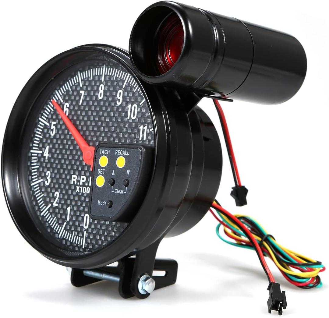 Shkalacar 5 Inch Tachometer Gauge Carbon Fiber 7 Colors Backlight, 0-11,000 RPM Measurement, Optional With LED Pointer