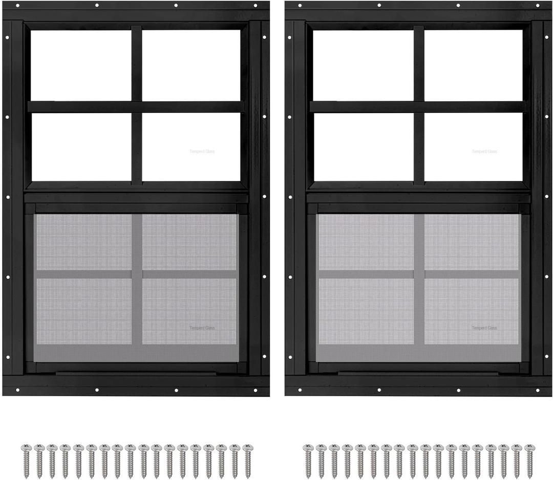 2 Pack 12" x 18" Black Shed Window with Tempered Glass and Fiberglass Screen Household Sliding Windows with Screws for Shed, Chicken Coop, Playhouse, Garage and Barns