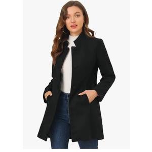Allegra K Women's Winter Overcoat Mid-Long Stand Collar Single Breasted Coat Outerwear, L, Black