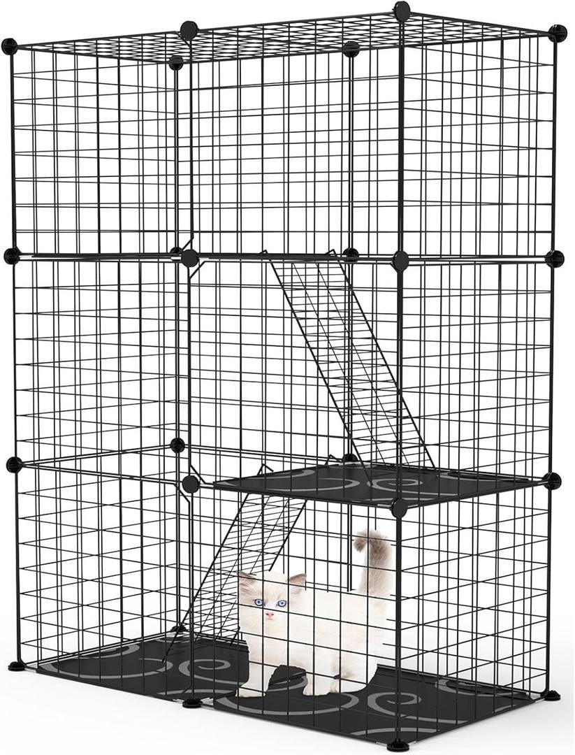iMounTEK Cat Cage 3 Tier DIY Cat Playpen Cage Metal Indoor Cat House Detachable Kitten House with 3 Doors 2 Ladders Large Cat Exercise Place for 1-2 Cats Black