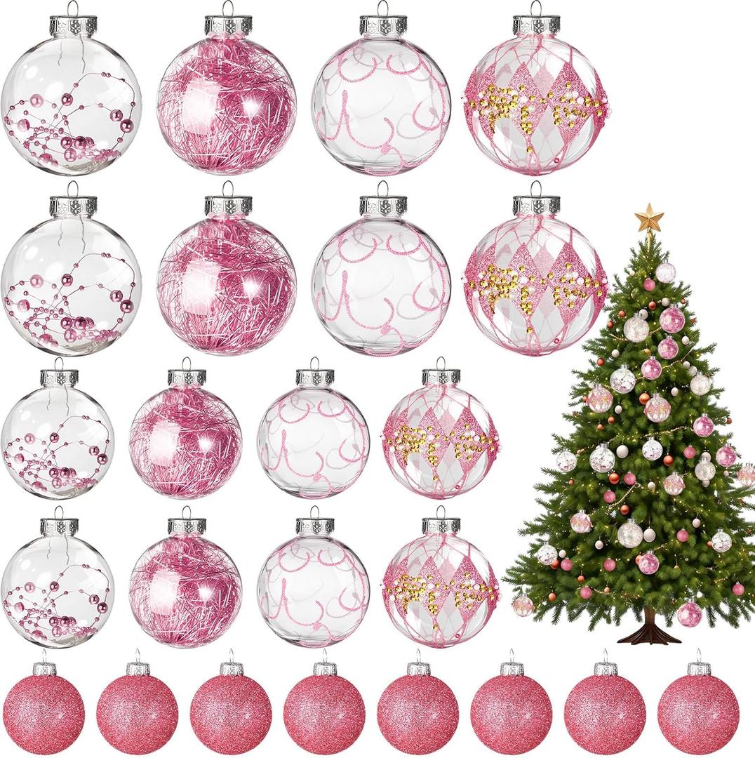 Outus 24 Pcs Christmas Balls Ornaments 1.6/2.4/3.2 Inch Large and Small Clear Glitter Ball Pink Christmas Hanging Plastic Shatterproof Christmas Tree Decor for Xmas Holiday Wedding Decoration