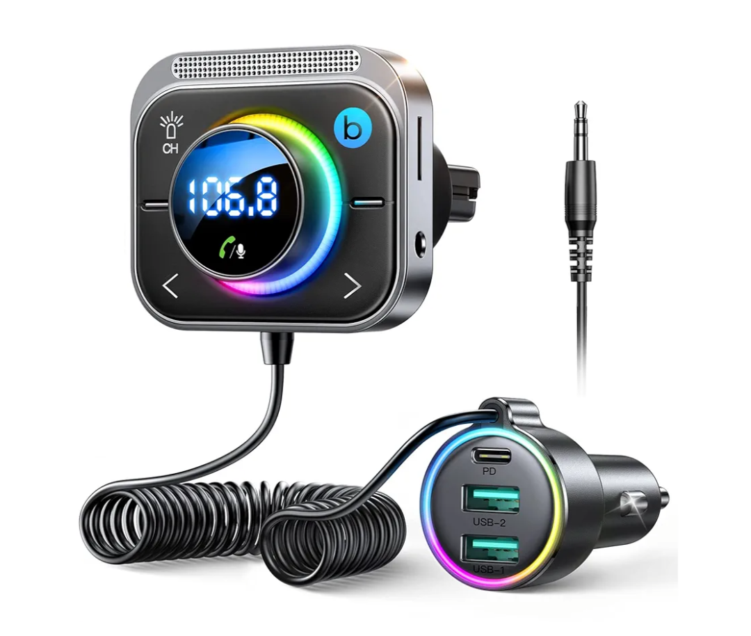 JOYROOM 66W Bluetooth 5.4 Car Adapter Aux with 3 Charging Ports【PD 30W & 2 * 18W】【Air Vent Installation for Safe】 Deep HiFi Bass Player Wireless Radio FM Transmitter for Car with Colorful LED Light