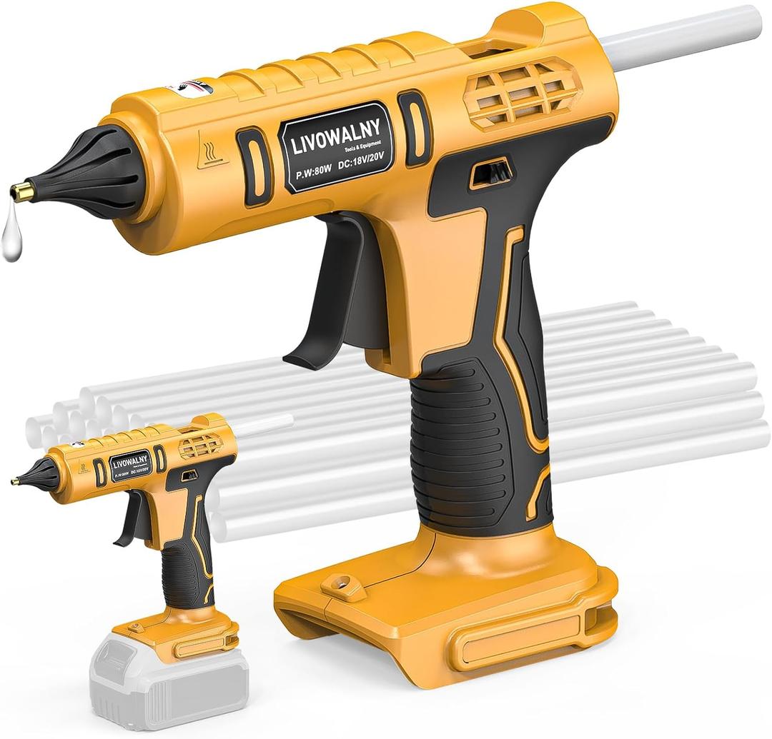 LIVOWALNY Cordless Hot Glue Gun Compatible with Dewalt 20V Battery: Hot Glue Gun Kit for 20V Tools in Crafting, Wood, PVC, Glass, Home Repair with 30 Pcs 0.27 * 5.9 inch Hot Glue Sticks (No Battery)
