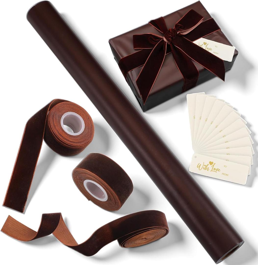 Ctosree Matte Brown Kraft Wrapping Paper 32.81 ft with 45 ft Velvet Ribbon 12 Gift Tags Solid Color Gift Wrapping Paper Roll for Graduation Mothers Father's Day Wedding Birthday Gifts