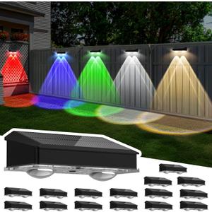Solar Fence Lights Outdoor 16 Pack, Warm White & Cool White & 6 Colored+RGB Color Changing, High Bright LED Spot Lens Deck Lights Dusk to Dawn for Backyard Stair Railing Patio Wall, IP65 Waterproof