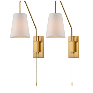 Modern Brass Plug-in Wall Sconces Set of Two Fabric Shade Bedroom Wall Lamp with Pull Chain Switch