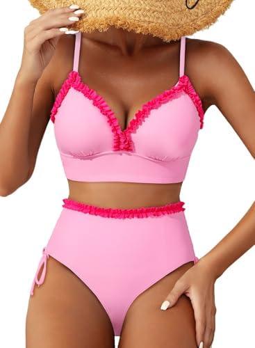 Herseas Women's Splice Ruffle Trim Bikini Sets Tie Side Swimsuits High Waisted Bathing Suits XL