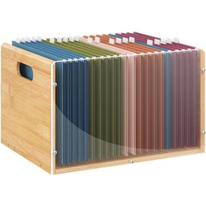 Letter/Legal Bamboo Acrylic File Box Organizer, Hanging File Folder Storage Boxes, Decorative Document Crate Transparent Filing Bin with Handle for Home Office Desk (1 Pack)