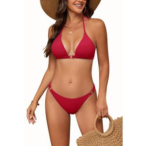 Women's Sexy Halter Triangle Thong Bikini Sets Cheeky High Cut Bathing Suit Swimsuits Red M