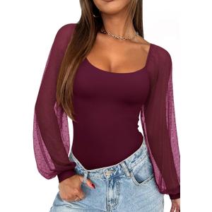 REORIA Women's 2025 Fall Casual Mesh Long Sleeve Square Neck Tops Trendy Cute Dressy Slim Fit Going Out T-Shirts (Cordovan) L