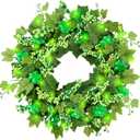Sggvecsy 18 St. Patrick's Day Shamrocks Wreath for Front Door with Lights Artificial Lucky Clover Wreath with Greenery Ivy Leaves Berries for Irish St. Patrick's Day Decoration Wall Home Decor