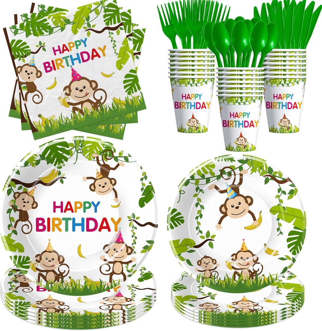 Monkey Birthday Decorations Tableware, Wild Jungle Animal Monkey Theme Party Supplies for Birthday Baby Shower, Paper Plate, Cup, Napkin, Cutlery, Serves 24