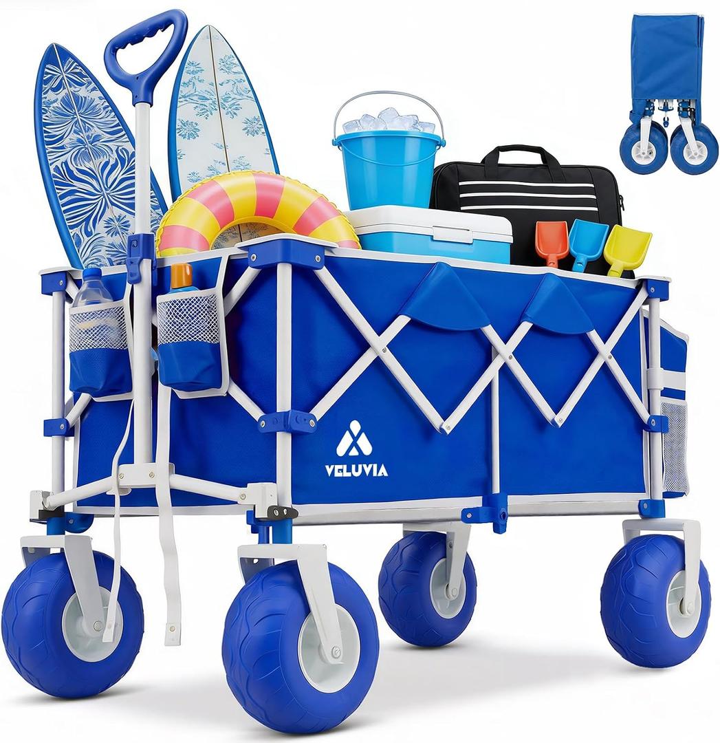 Beach Wagon with Big Wheels - 400LBS Heavy Duty Foldable All Terrain Cart with 9" Balloon Wheels for Sand - Collapsible Beach Dolly with Adjustable Handle & Cooler Bag for Outdoor Use, Blue