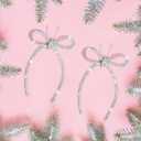 6 Pcs 4.3" x 6" 2025 Christmas Bows for Tree Decor, Silver Sparkly Glitter Rhinestone Bow Ornaments with Twist Tie for Xmas Decoration, Wreath, Garland, Gift Wrapping