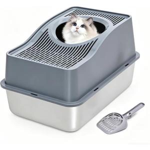 Top Entry Cat Litter Box with Lid, Stainless Steel Enclosed Cat Kitty Litterbox, Top Loading Large Metal High Side Litter Pan Tray Box Enclosure Easy Cleaning Anti-Leakage