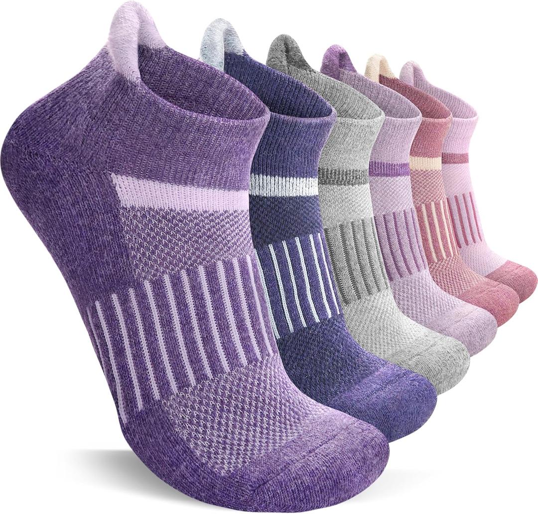 Anlisim 6 Pairs Merino Wool Ankle Running Hiking Socks Compression Support Breathable Thick Cushion No Show Socks for Women Men(Purple Mixed,M)