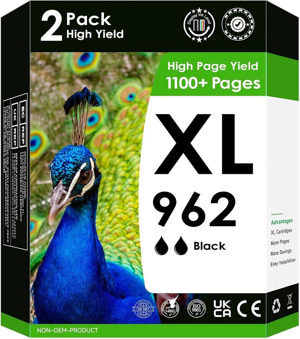 Compatible Ink Cartridges 962 XL Works with OfficeJet Pro 9010 9012 9014 9015 9016 9019 9020 9022 9025 9026 9028 Printers. (Black, Magenta, Cyan, Yellow) (2 Pack (Black))