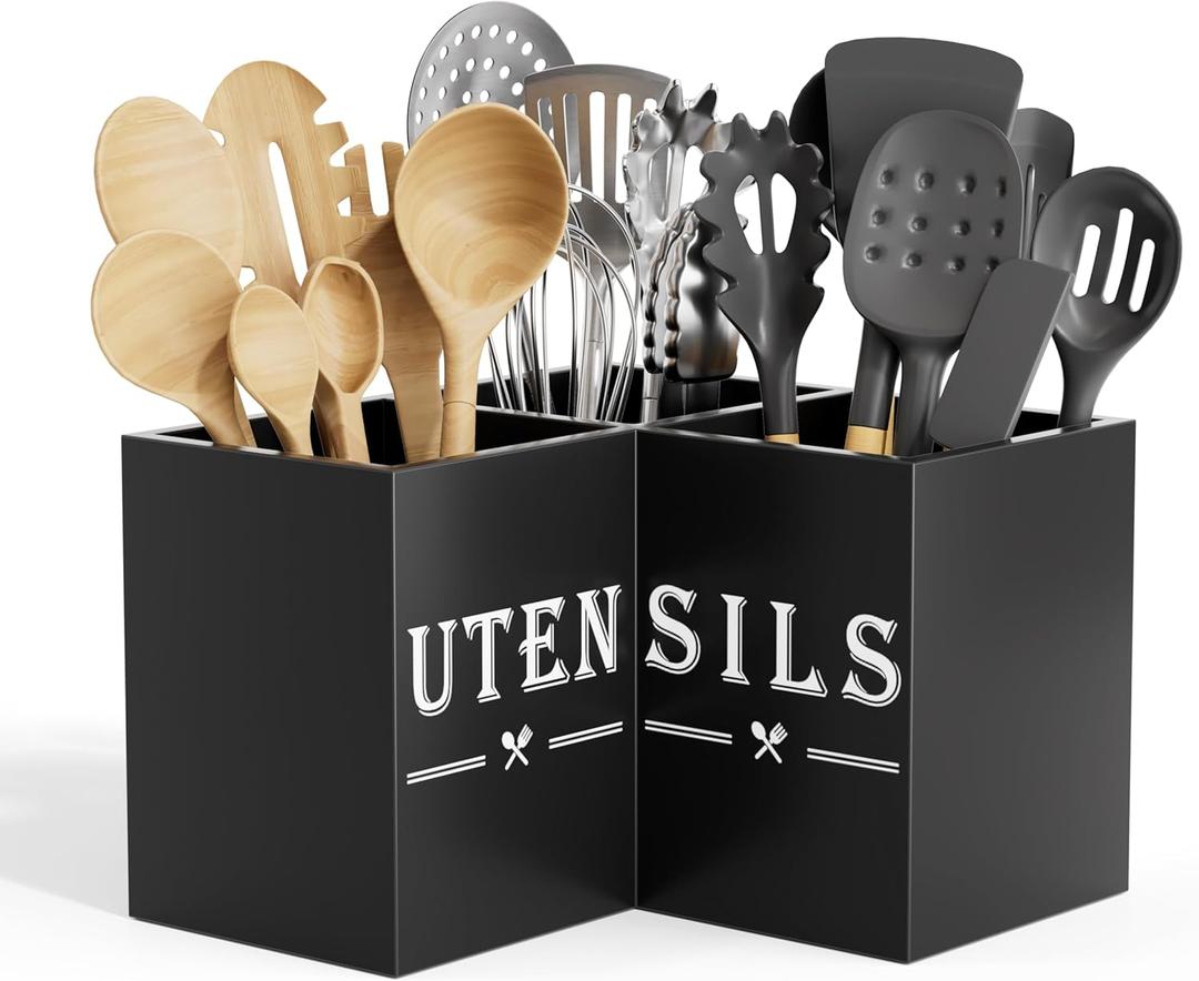 ZUJJAFY Utensil Holder for Kitchen Counter, Corner Kitchen Utensil Holder for Countertop with 3 Compartments, Wooden Cooking Utensil Organizer for Spatula Storage, Black