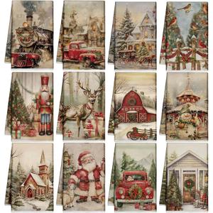 VitalCozy 12 Pcs Vintage Christmas Kitchen Towels and Tea Dishcloths Nutcracker Christmas Tree Reindeer Truck Hand Dish Towels Decoration for Xmas Home Housewarming Gift Supplies, 14.2 x 21.3 Inch