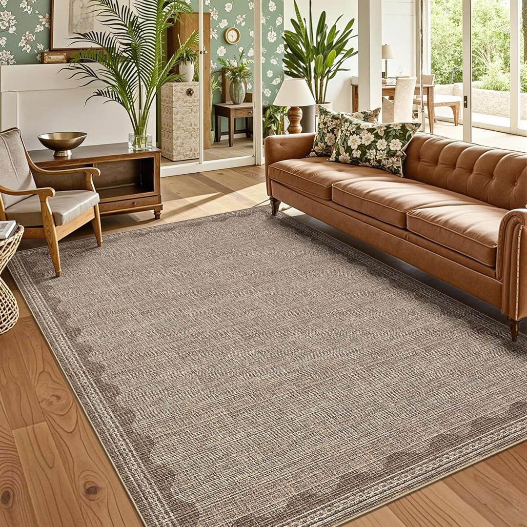 GarveeHome Washable Rugs 5x7 Rug for Living Room, Scalloped 5 x 7 Rug Solid Coffee Modern Minimalism Low-Pile Carpet for Bedroom Dining Nursery Non Slip Mat with Rubber Back