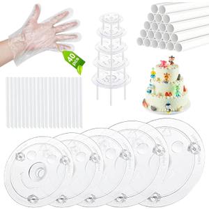 Aufind 85 PCS Plastic Cake Dowel Rods Set, 20 White Plastic Cake Sticks Support Rods with 5 Cake Separator Plates for 4, 6, 8, 10,12 Inch Cakes and 20 Clear Cake Stacking Dowels for Tiered Cakes (Clear Plates)