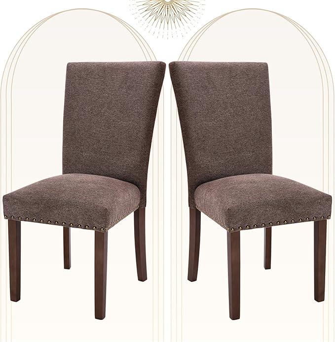 COLAMY Upholstered Parsons Dining Chairs Set of 2, Fabric Dining Room Kitchen Side Chair with Nailhead Trim and Wood Legs - Brown