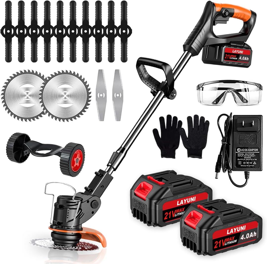 Cordless Weed Wacker, 21V Electric Weed Cordless Eater with 2X 4.0Ah Battery Powered, 3 Types Blade, 3 in 1 Stringless Grass Trimmer/Edger/Brush Cutter for Lawn, Garden, Yard Care