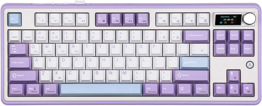Ajazz AK870 87 Keys Gasket-Mounted Wireless Gaming Keyboard with Hot Swap Screen & Knob, BT5.0/2.4GHz/USB-C Mechanical Keyboard, with 5-Layer Padding for Win/Mac (Purple, Hyacinth Switch)