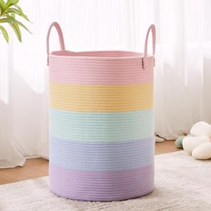 15Dx20H inches Baby Girls Kids Hamper Rainbow Laundry Basket for Nursery Clothes Pastel Unicorn Woven Hamper in Playroom Bedroom 60L Large Tall Blanket Basket for Toy Storage