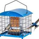 Caged Suet Bird Feeders Squirrel-Proof, Dual-Purpose Suet &Seed Wild Bird Feeders with Tray, Starling-Proof Metal Caged Bird Feeders Outdoors Hanging, 2 Suet Cakes+1lb Seed Capacity, Blue