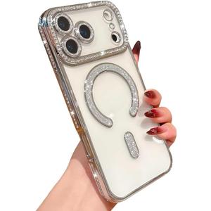for iPhone Case,Plating Electroplated Glitter Bling Sparkle Diamond Frame Magnetic Case for iPhone, Compatible with MagSafe Wireless Charging (Silver,iPhone 17 Pro Max)