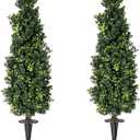 2 Pack Artificial Boxwood Topiary Trees with Ground Spike, 2 FT Faux Boxwood Topiaries Cone Bushes Trees UV Resistant Artificial Shrubs for Indoor Outdoor Front Porch Garden, Boxwood-4