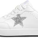 Fashion Star Sneakers for Women Glitter Sequins Lace Up Low Top Walking Shoes Comfortable Cushioned for Party, Casual & Daily Outfits (9, White/Silver)