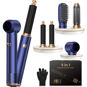 5 in 1 Hair Dryer Brush Set,Professional Negative Ionic Hot Air Styler, Air Curling Wrap Styler,Detachable Blow Dryer Brush With Auto Wrap Curlers,Hair Styling Tools For Straight/Curl/Drying/Smoothing (Blue Gold)
