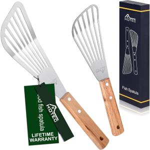 HOTEC 2pcs Stainless Steel Wooden Handle Fish Spatula, Metal Spatula Flipping Foods (Little+Large)