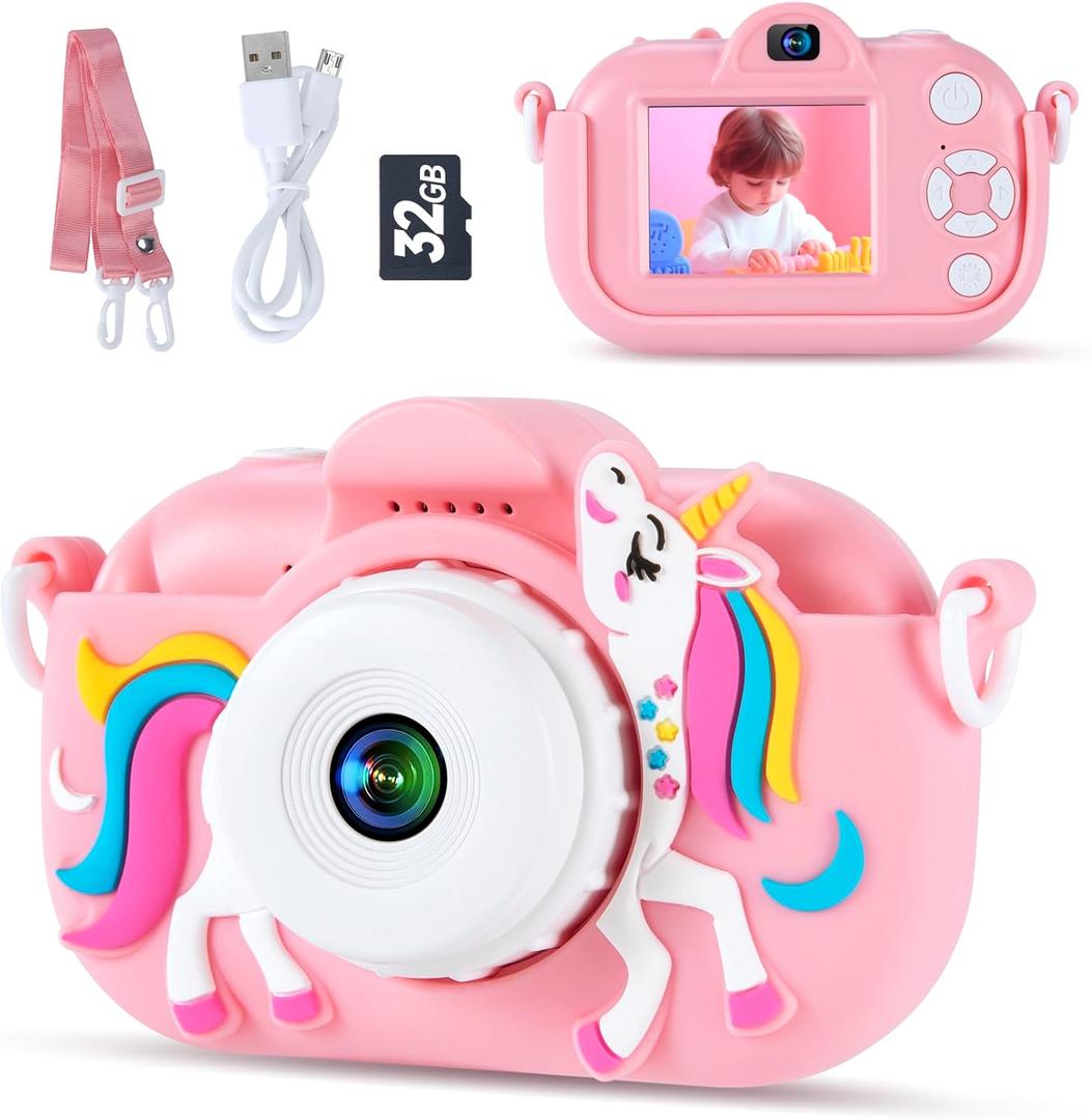 Kids Camera Toys for 3-8 Year Old Girls and Boys, Children Digital Camera with Cute Soft Silicone Case, 1080P Video Camcorder Present with 32GB SD Card  Birthday Gift for Kids (Pink)